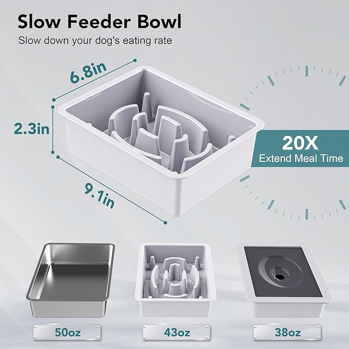 UPSKY 3-in-1 Elevated Dog Bowls: Slow Feeder, Adjustable Stand, No Spill Dispenser - Stainless Steel Food & Water Bowl for Small to Medium Dogs, White