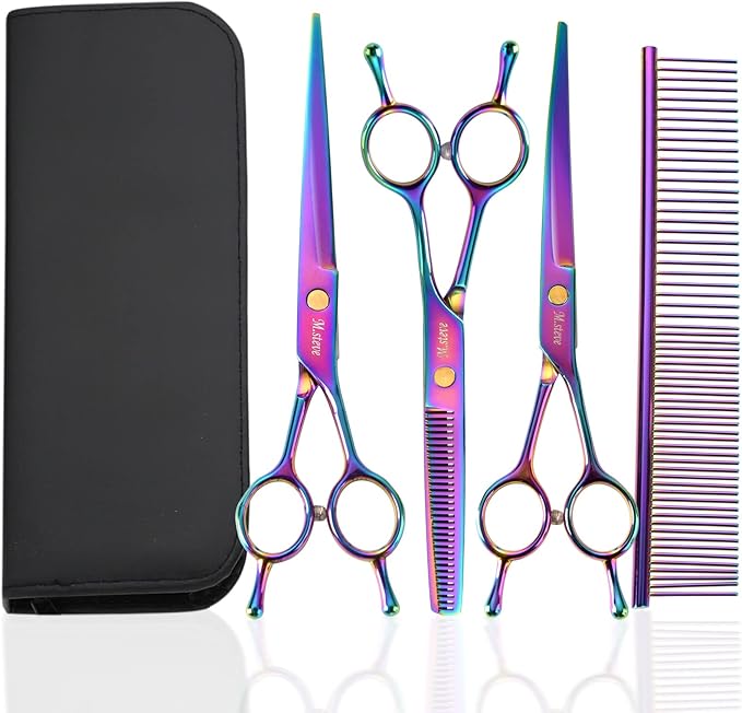 Dog Grooming Scissors kit 7 in 1 Professional Pet Cat Hair Cutting Shears At Home Including Straight Curved Thinning Scissors with Safety Round Tip, Comb
