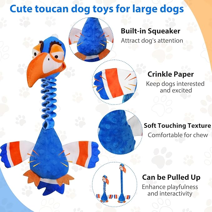Squeaky Dog Toys for Large Dogs, Tough Tug of War Puppy Toy, Cute Animal Design Plush Dog Toys with Crinkle Paper, Dog Chew Toys for Small, Medium and Large Dogs