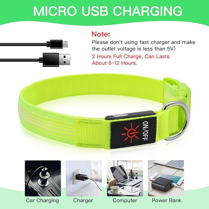 YFbrite Light up Dog Collar, USB Rechargeable LED Puppy Collar Super Bright Adjustable Glowing Dog Lights for Night Walking (Design 2-Green, Medium)