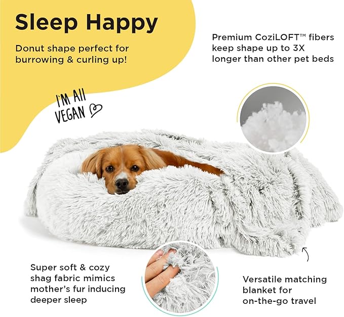 Best Friends by Sheri Bundle Set The Original Calming Shag Donut Cuddler Cat and Dog Bed + Pet Throw Blanket Frost Small 23" x 23"