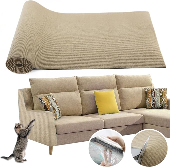 Cat Scratching Climbing Carpet Mat, Self-Adhesive Trimmable Anti Cat Scratcher Couch Furniture Protector from Cat Claws, Cat Post Covered Pad Replacement for DIY Cat Tree (Khaki, 15.8" x 40")