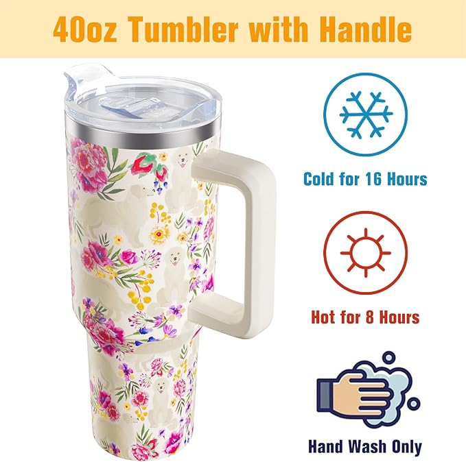 Golden Retriever Gifts for Women Dog Lovers 40 oz Floral Golden Retriever Tumblers with Handle and Straw, Stainless Steel Vacuum Insulated Travel Coffee Mug Cup Water Bottle