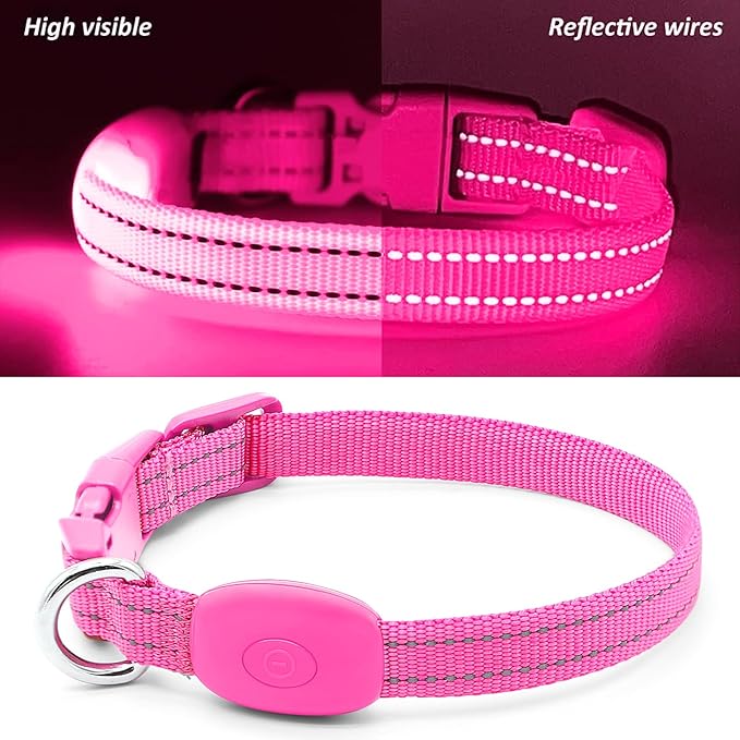 Illumifun Small LED Dog Collar, USB Rechargeable Light Up Dog Collar, Adjustable Safety Collar Light for Small Dogs Cats Glow in The Dark (Pink, X-Small)