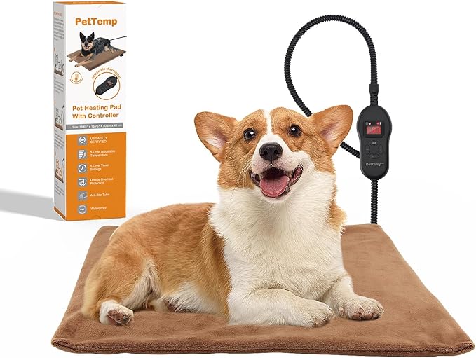 Upgraded Pet Heating Pad, 5 Adjustable Temperature & Timer, Electric Heated Dog Cat Bed for Winter, Auto Power-Off, Waterproof Chew-Resistant (M:20'' x 16'')