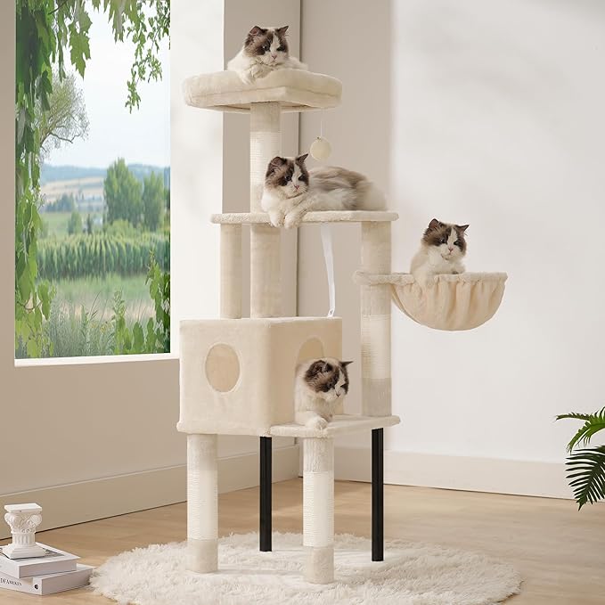 Heybly Cat Tree, 49.2 Inches Cat Tower for Indoor Cats, Spacious Cat House Condo with Hidden Space,Sturdy Steel Tube,Soft Plush Top Perch,Cozy Hammock and Sisal Scratching Posts, Beige HCT200SM