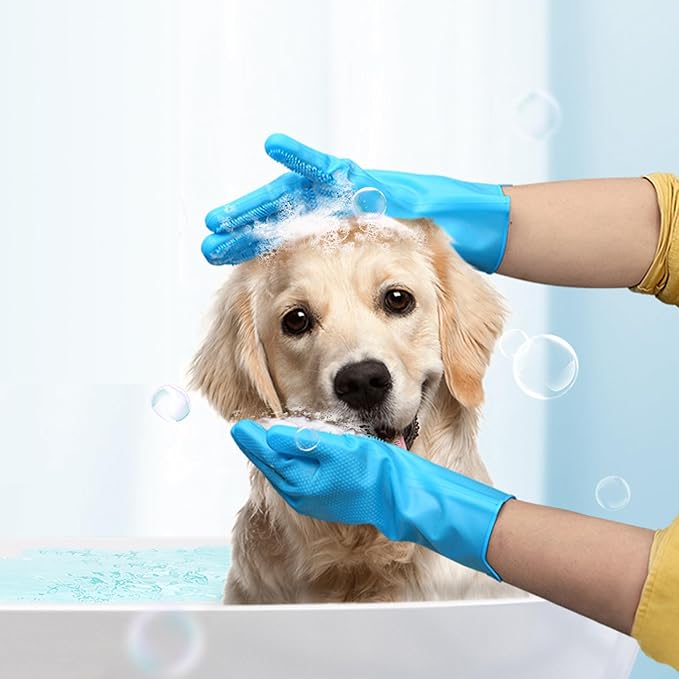 Pet Grooming Gloves,Heat-Resistant Silicone Gloves with High-Density Teeth for Enhanced Massaging and Bathing of Dogs and Cats (Blue, 1 Pair)