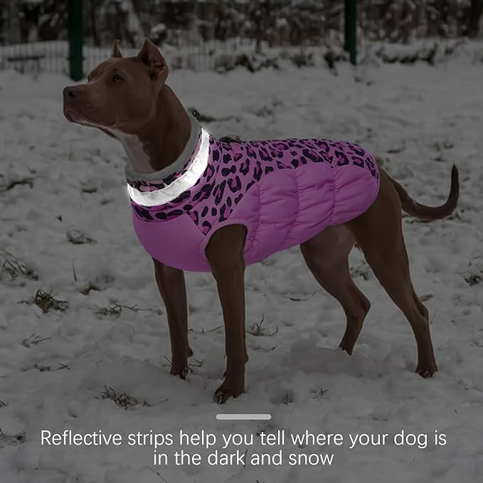 FUAMEY Dog Coat for Large Dogs,Waterproof Dog Winter Jacket with Harness Built in Puppy Cold Weather Coats Reflective Pet Vest with Zipper Warm Fleece Dogs Snowsuit Windproof Pink Leopard XL