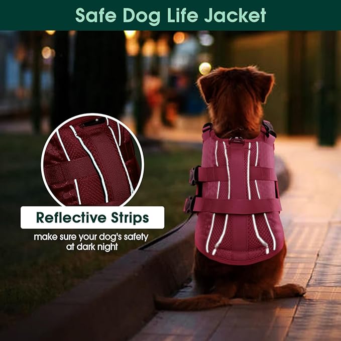 Kuoser Dog Life Jacket High Flotation, Reflective Dogs Life Vest for Swimming Boating, Adjustable Small Medium Large Dog lifejacket, Lightweight Dogs Life Preserver Rescue Handle Spring Summer Pool