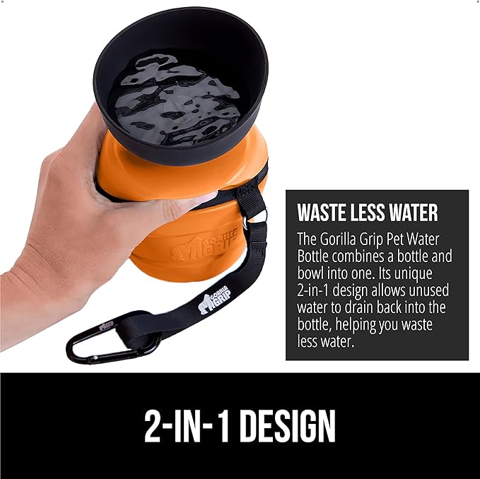 GORILLA GRIP Dog Water Bottle, Portable Water Bowl Dispenser for Dogs, 12 oz Leak Proof Pet Travel Squeeze Bottles, Food Grade Silicone, To Go Puppy Essentials, Hiking Camping Trip Accessories, Orange