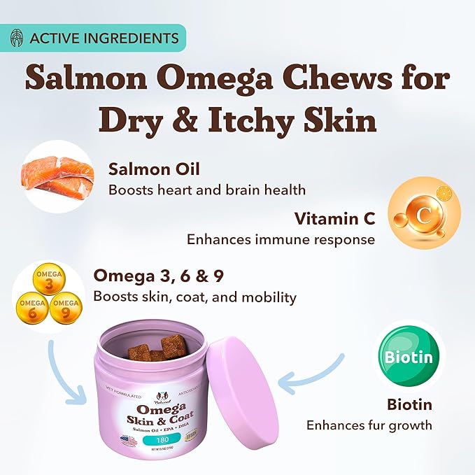 Natural Dog Company Omega Chews for Dogs Skin & Coat Support with Salmon Oil & Omega-3 Fatty Acids, Helps Itchy Skin, Dryness, Shedding, Supports Joints, Heart,Immune System & Overall Health (180 cnt)