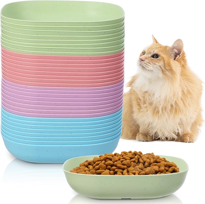 32 Pcs Fatigue Relief Cat Bowl 5.5 Inch Shallow Cat Food Dish Tray Wet Feeding Bowls Wide and Small Pet Plates for Short Legged Kitten,Ferrets,Kitten Shelter(Blue, Green, Pink, Beige)