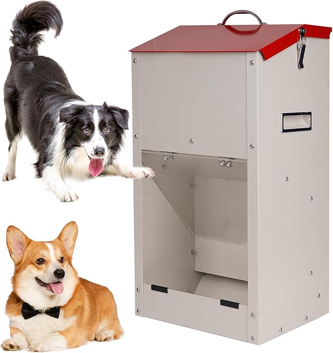 Large Automatic Dogs Feeder with Handle, 25 Lbs Indoor and Outdoor Gravity Dog Food Dispenser Container for Large Breed, 11.5'' L X 9.8'' W X 23'' H Hanging Auto Feeder