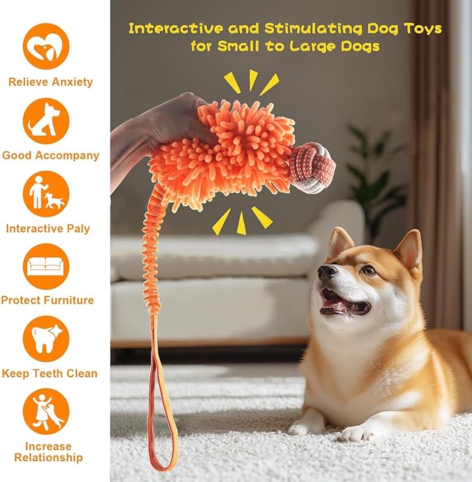 Dog Puppy Toys Dog Squeak Toys Plush Dog Toy with Dog Ropes Knots for Fun and Teeth Cleaning,Tug of War Toys, Puppy Chew Toys, Dog Rope Toys for Training Small, Large Dogs (Orange, Dog Bite Ball Toy)