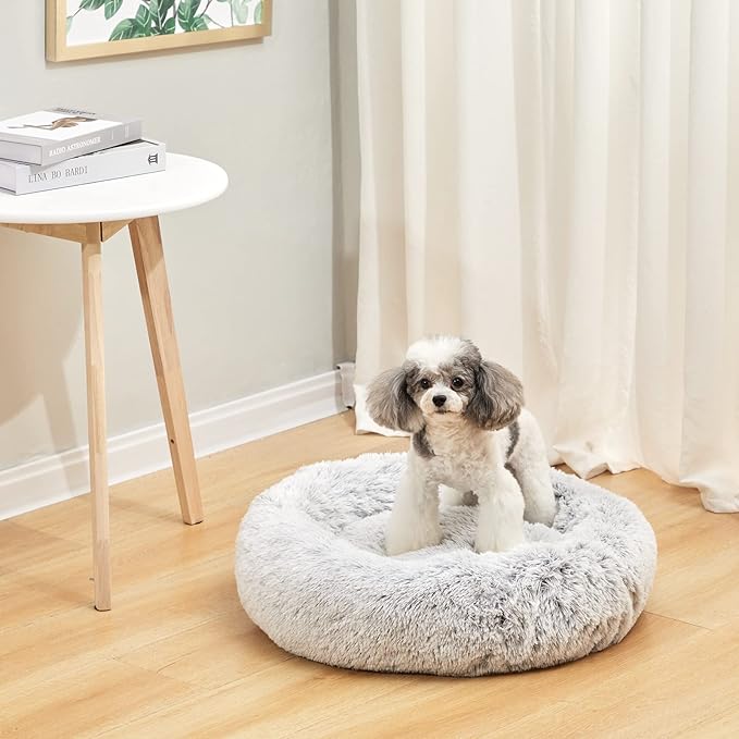 Bedfolks Calming Donut Dog Bed, 23 Inches Round Fluffy Dog Beds for Small Dogs, Machine Washable Anti-Anxiety Plush Puppy Bed(Light Grey, Small)