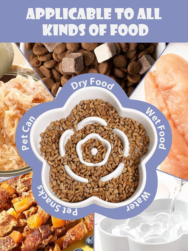 Ceramic Slow Feeder Dog/Cat Bowl, Anti-Choking Slow Food Bowls, 8" 11.3oz Slow Feeder for Medium, Large Breeds, Plum Puzzle Design, Non-Slip Silicone, Dishwasher and Microwave Safe, White