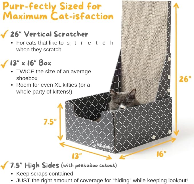 HIDE & SCRATCH 26" L Shaped Cat Scratcher Box and Cat Bed with Double-Sided Cardboard Cat Scratch Pad