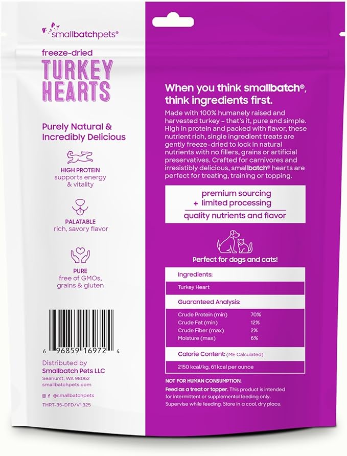 smallbatch Pets Premium Freeze-Dried Turkey Heart Treats for Dogs and Cats, 3.5 oz, Made and Sourced in The USA, Single Ingredient, Humanely Raise Meat, No Preservatives or Anything Artificial Ever