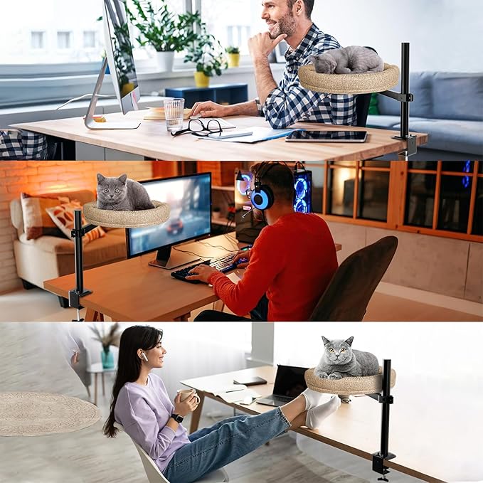 Cat Bed for Desk, Perfect Desk Pet Nest Cat Bed for Indoor Cats Height Adjustable Cat Desk Bed Max Load 50 LBS Comfortable Pet Bed for Kitty with 360° Rotating (Brown)