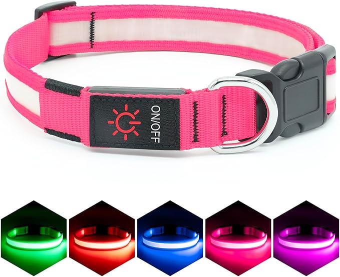 Vizpet LED Dog Collar, Light Up Dog Collar Adjustable USB Rechargeable Super Bright Safety Light Glowing Collars for Dogs (Medium, Pink)
