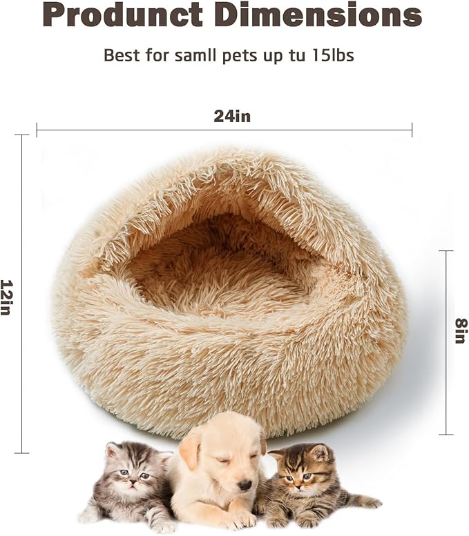 Cat Bed Calming Cat Beds,Indoor Washable Cat Bed,Anti-Slip Faux Fur Fluffy Cuddler Anxiety Cat Bed,Warming Cuddler Cushion Bed for Small Medium Dogs and Cats (Apricot Color, 24 * 24inch)