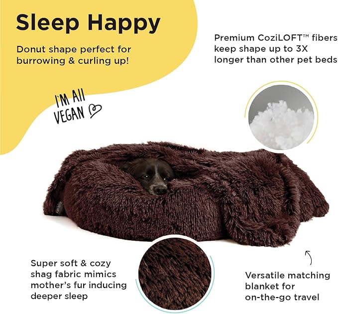 Best Friends by Sheri Bundle Set The Original Calming Shag Donut Cuddler Cat and Dog Bed + Pet Throw Blanket Dark Chocolate Medium 30" x 30"