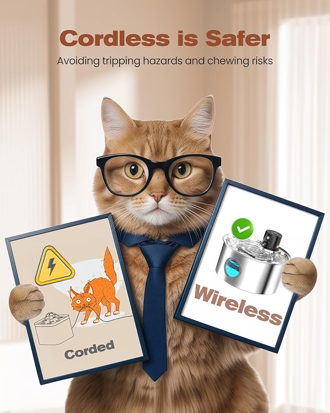 Cat Water Fountain Battery Powered: Cordless Cat Fountain Wireless - Rechargeable Pet Water Fountain Stainless Steel - 108oz/3.2L Automatic Kitty Water Fountain with Motion Sensor - 9 Filters