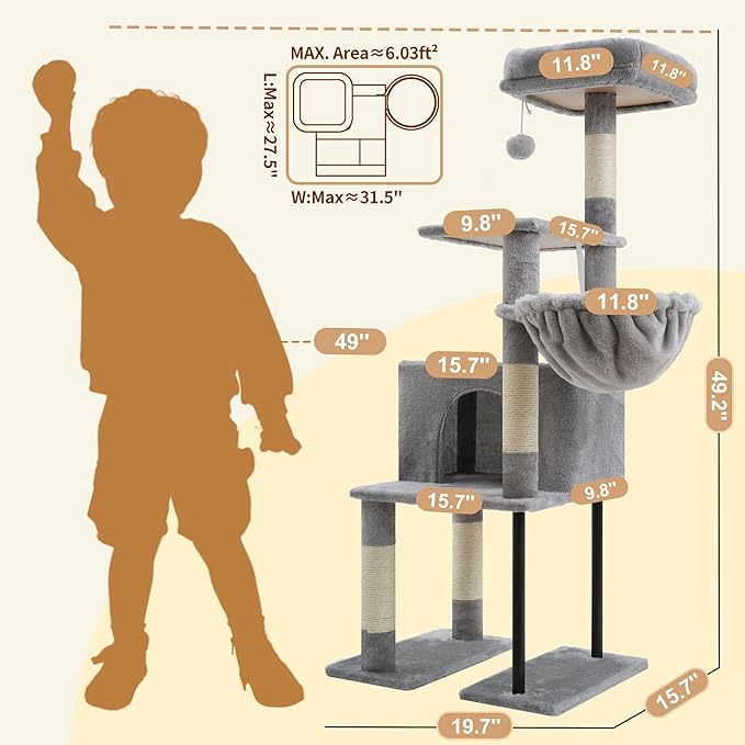 Heybly Cat Tree, 49.2 Inches Cat Tower for Indoor Cats, Spacious Cat House Condo with Hidden Space,Sturdy Steel Tube,Soft Plush Top Perch,Cozy Hammock and Sisal Scratching Posts, Light Gray HCT200SW