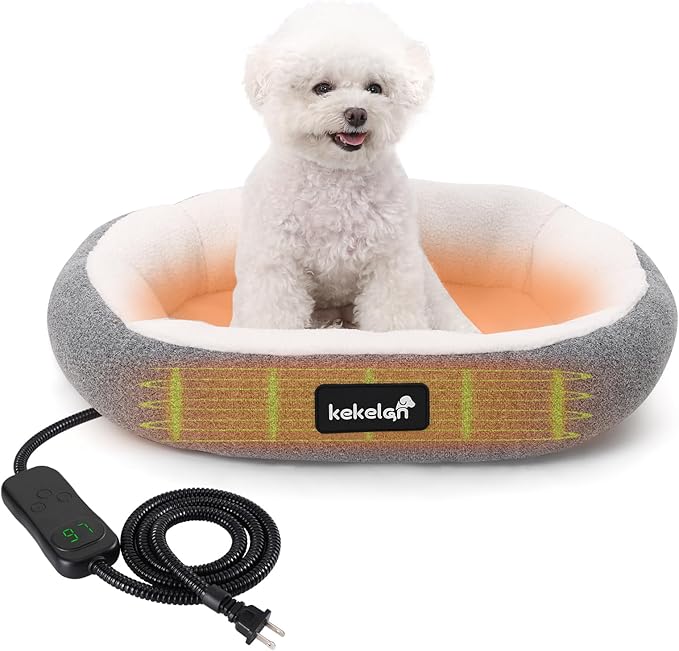 Indoor Heated Cat Bed, Heated Pet Bed for Indoor Cats Kitten Small Dogs Puppy Electric Warming Bed Heater Soft & Cozy Pet Heating Pad with Timer and Temp Adjustable Machine Washable-Oval Gray