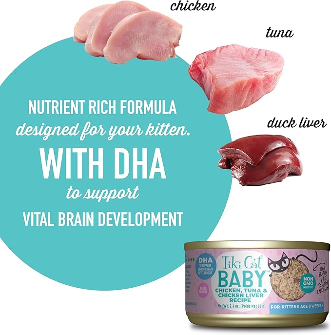 Tiki Cat Baby, Chicken Tuna & Chicken Liver Shreds, High-Protein and Flavorful, Wet Cat Food for Kittens 8 Weeks Plus, 2.4 oz. Cans (Pack of 12)