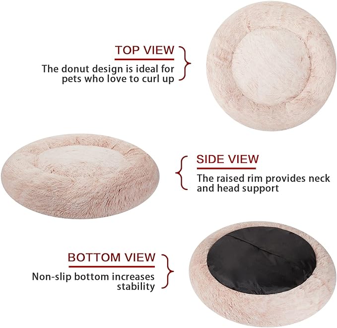 Bedfolks Calming Donut Dog Bed Cat Bed, 23 Inches Round Fluffy Dog Beds for Small Dogs, Machine Washable Anti-Anxiety Plush Puppy Bed(Pink, Small)