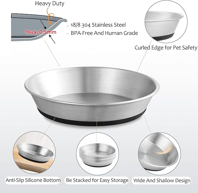 Stainless Steel Cat Bowls,Whisker Friendly Shallow Cat Dishes for Food and Water,Non-Slip Silicone Bottom,Heavy Duty,Replacement Kitten Metal Plate for Elevated Stands,3 Pack