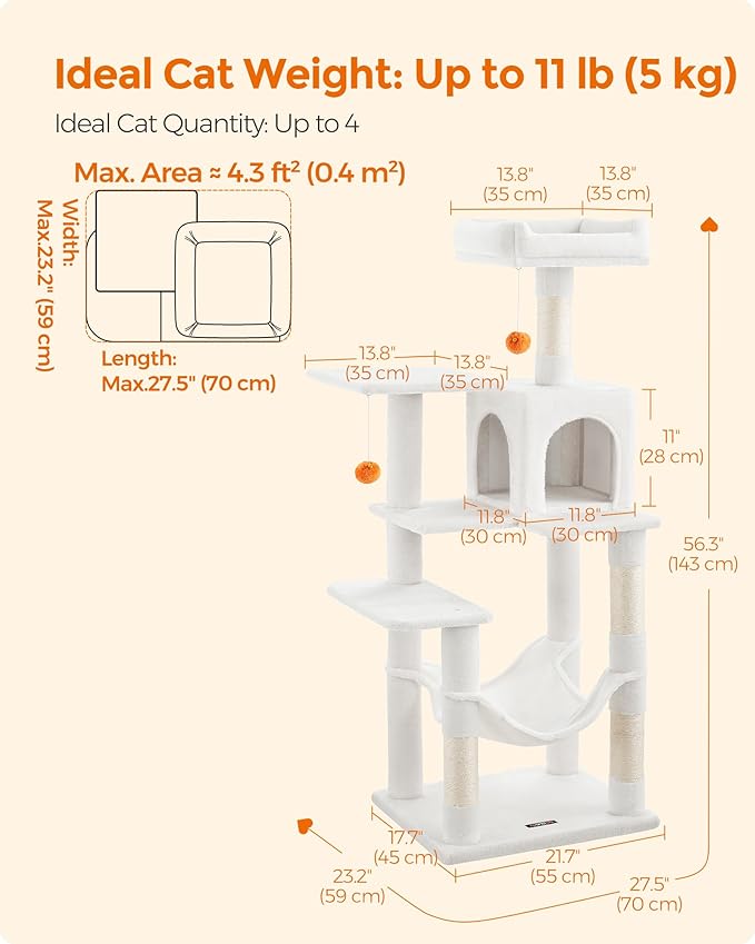 Feandrea Cat Tree, 56.3-Inch Cat Tower for Indoor Cats, Multi-Level Cat Condo with 4 Scratching Posts, 2 Perches, Hammock, Cave, Cream White UPCT161T01
