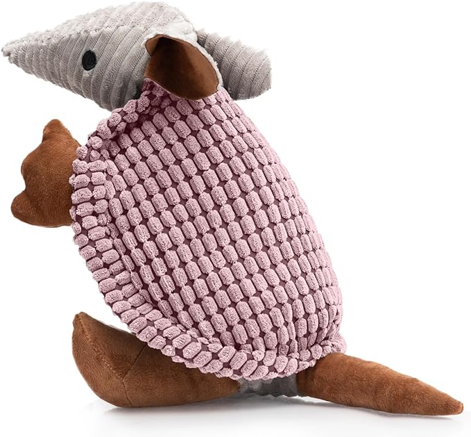 Hollypet Plush Dog Squeaky Toy Stuffed Armadillo Animal Pet Puppy Chew Toys with Clean Teeth for Small Medium Large All Breed Sizes Dogs, Pink, 14 in