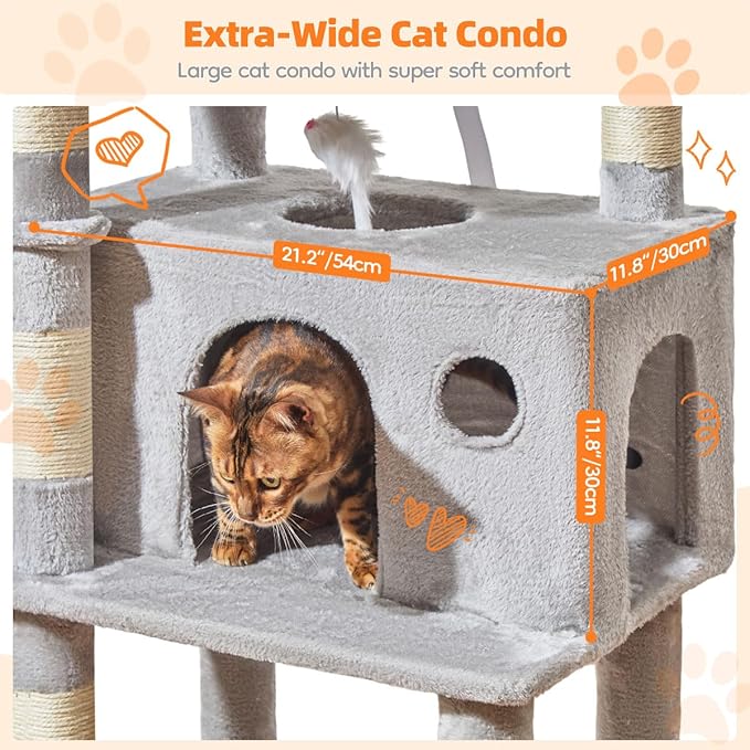 Taoqimiao Large Cat Tree,73-Inch Cat Tree Tower with 9 Scratching Posts for Indoor Cats, 2 Large Cat Condo with Hammock, Hanging Basket, 2 Extended Platform, Light Gray MS013XLW