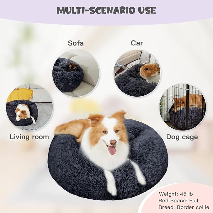Himax Medium Dog Bed, Round Dog Bed with Blanket Attached, Comfort Fluffy Calming Dogs Beds Washable (20"/26"/35") Deep Grey