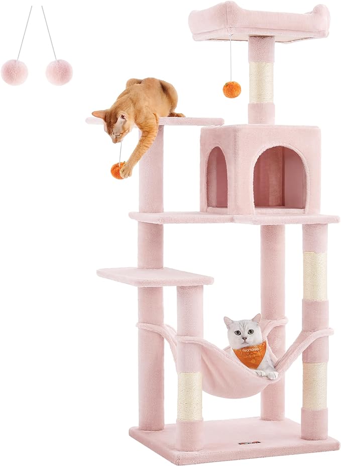 Feandrea Cat Tree, 56.3-Inch Cat Tower for Indoor Cats, Multi-Level Cat Condo with 4 Scratching Posts, 2 Perches, Hammock, Cave, Jelly Pink UPCT161P01