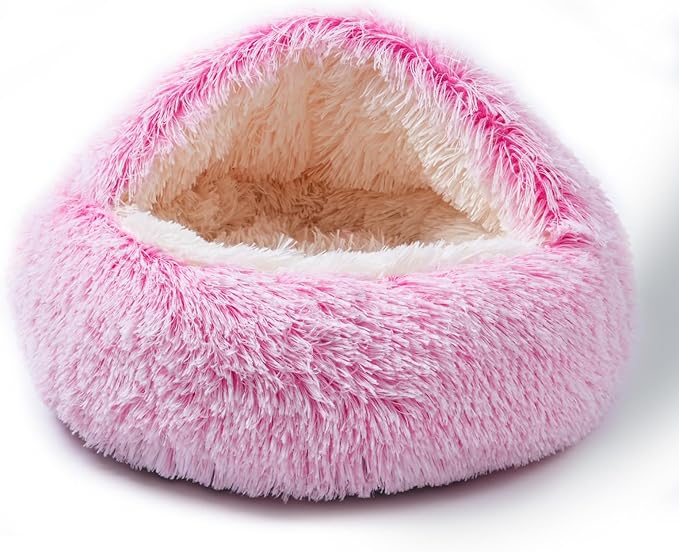 Cat Bed Calming Cat Beds,Indoor Washable Cat Bed,Anti-Slip Faux Fur Fluffy Cuddler Anxiety Cat Bed,Warming Cuddler Cushion Bed for Small Medium Dogs and Cats (Gradient Pink, 24 * 24inch)