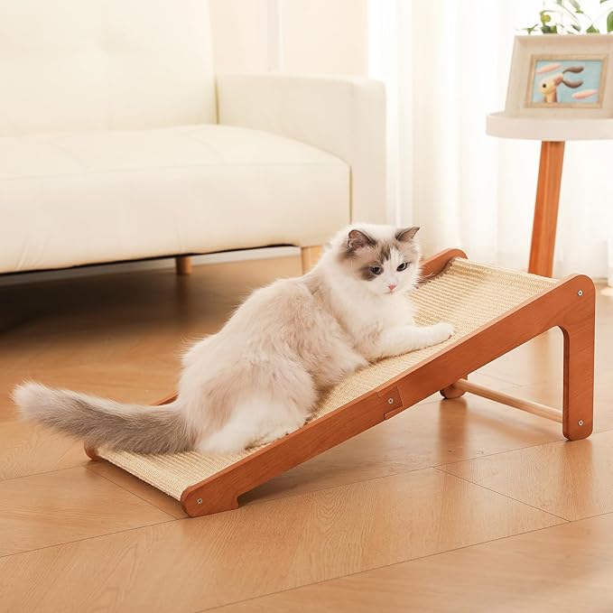 Large-28.5" Sisal Cat Scratcher of L-Shaped Solid Wood Cat Scratching Post - Beechwood Base, Natural Sisal Woven Scratching Pad, Durable, Furniture Protector for Cats' Clawing and Play