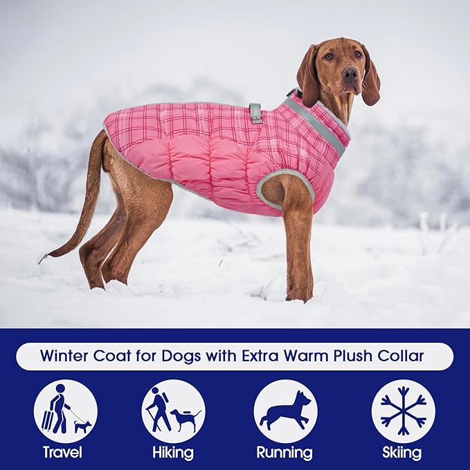 FUAMEY Dog Coat for Large Dogs,Waterproof Dog Winter Jacket with Harness Built in Puppy Cold Weather Coats Reflective Pet Vest with Zipper Warm Fleece Dogs Snowsuit Windproof Rose Plaid 3XL