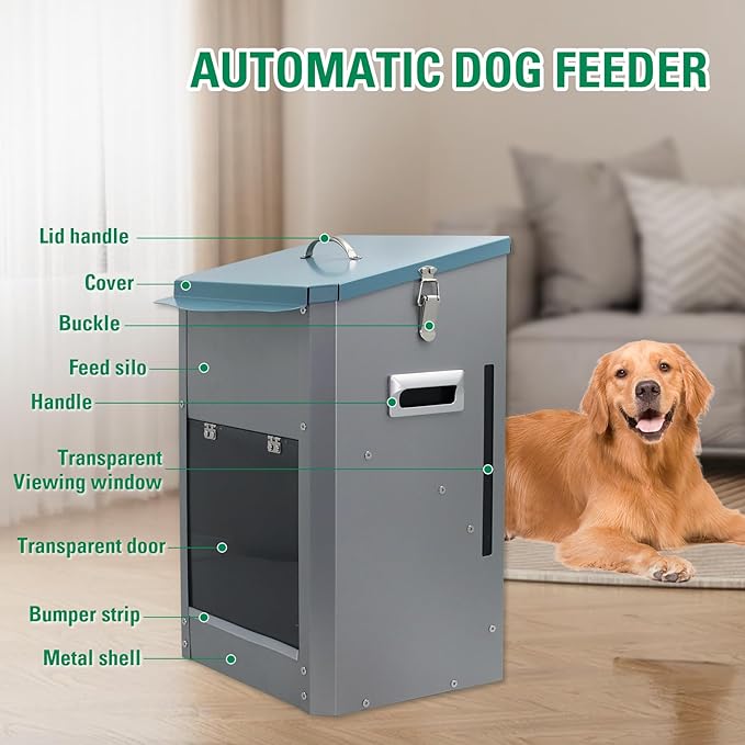 Automatic Dog Feeder Large Breed Dog Food Dispener, 25Lbs Outdoor Pets Feeder Gravity Food Feeder for Large Dogs, Galvanized Hanging Automatic Dog Food Dispenser Container