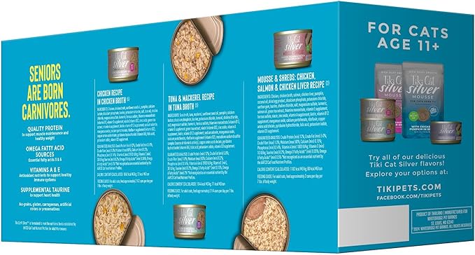 Tiki Cat Silver Variety Pack, Immune System Support Formulated for Older Cats Aged 11+, Senior Wet Cat Food, 2.4 oz. Can (12 Count)