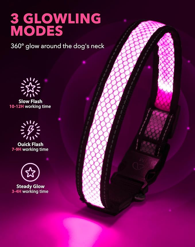 Weesiber Light Up Dog Collar - LED Dog Collar Rechargeable Glow in The Dark Pet Collar, Reflective Safety Dog Lights for Night Walking(Pink, L)