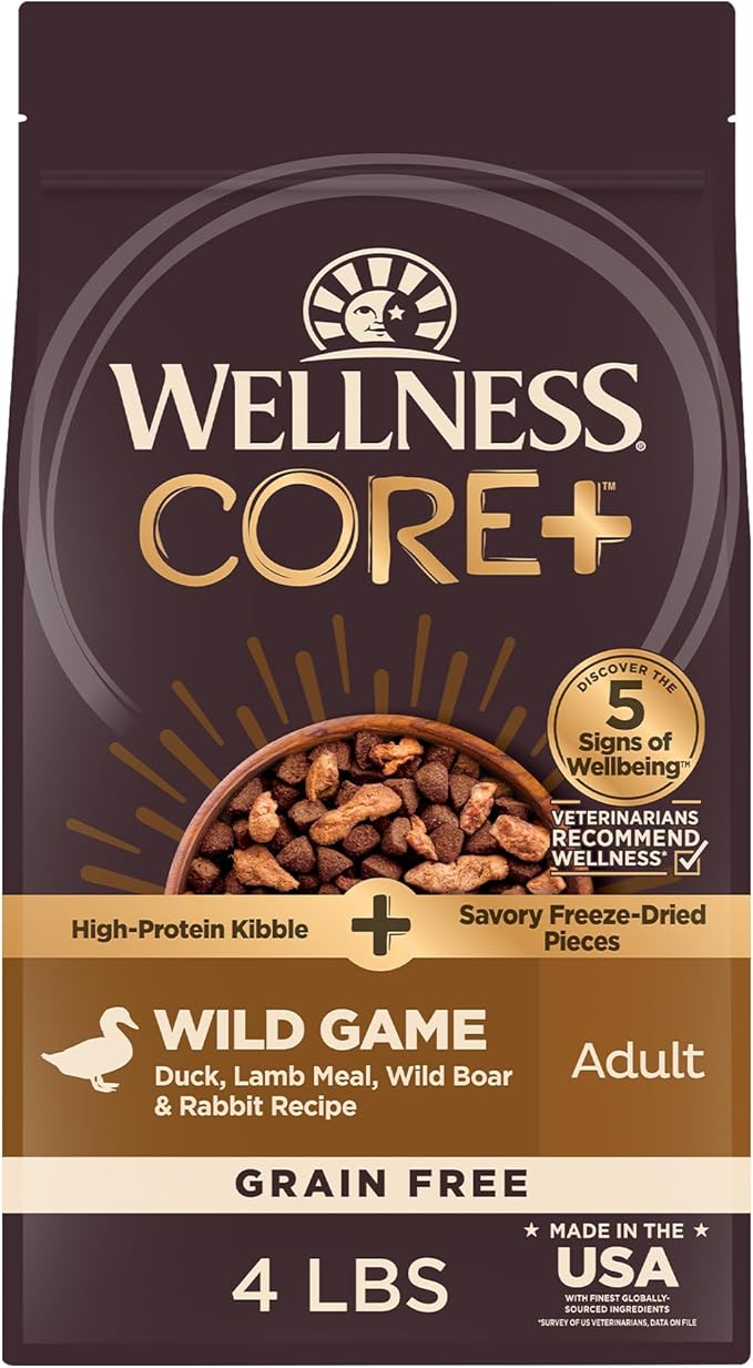 Wellness CORE+ (Formerly RawRev) Natural Grain Free Dry Dog Food, Wild Game Duck, Wild Boar & Rabbit with Freeze Dried Lamb, 4-Pound Bag