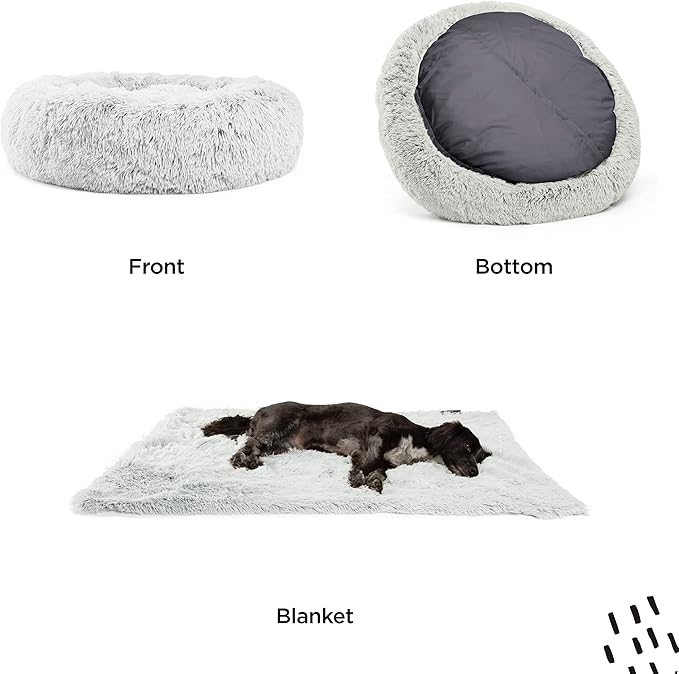 Best Friends by Sheri Bundle Set The Original Calming Shag Donut Cuddler Cat and Dog Bed + Pet Throw Blanket Frost Extra Large 45" x 45"