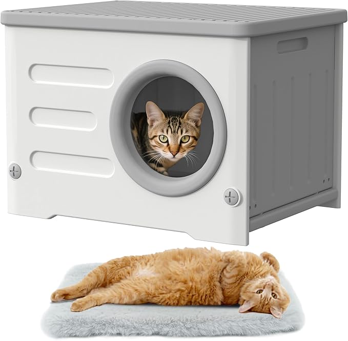 Plastic Outdoor Cat House Weatherproof&Insulated,Waterproof Elevated Cat Shelter Stackable Pet House Cat Wave for Outdoor Indoor Use with Bed Cushion (Grey)