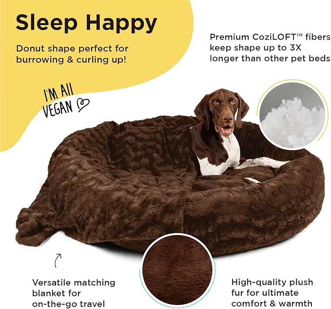 Best Friends by Sheri Bundle Set The Original Calming Lux Donut Cuddler Cat and Dog Bed + Pet Throw Blanket Dark Chocolate Extra Large 45" x 45"
