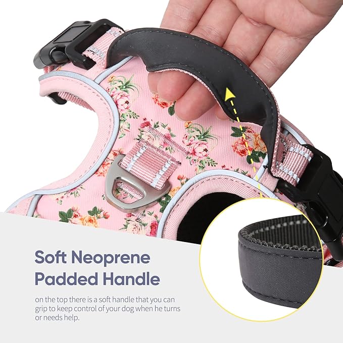 HEELE Dog Harness, No Pull Adjustable Padded Reflective Harness for Small Medium Large Dogs with Handle for Walking Training, Flower-Pink, XL