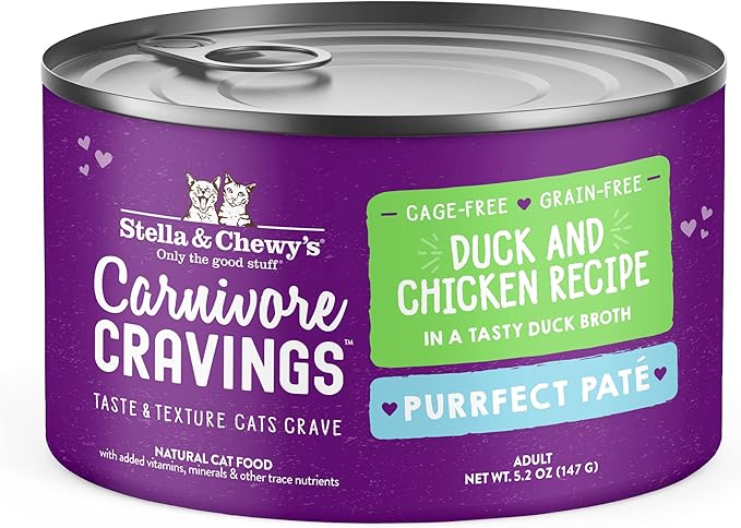 Stella & Chewy's Carnivore Cravings Purrfect Paté - Premium Grain-Free Wet Cat Food - Duck & Chicken Recipe - High Protein with Bone Broth - Perfect for Picky Eaters - 5.2oz Cans (24 Pack)