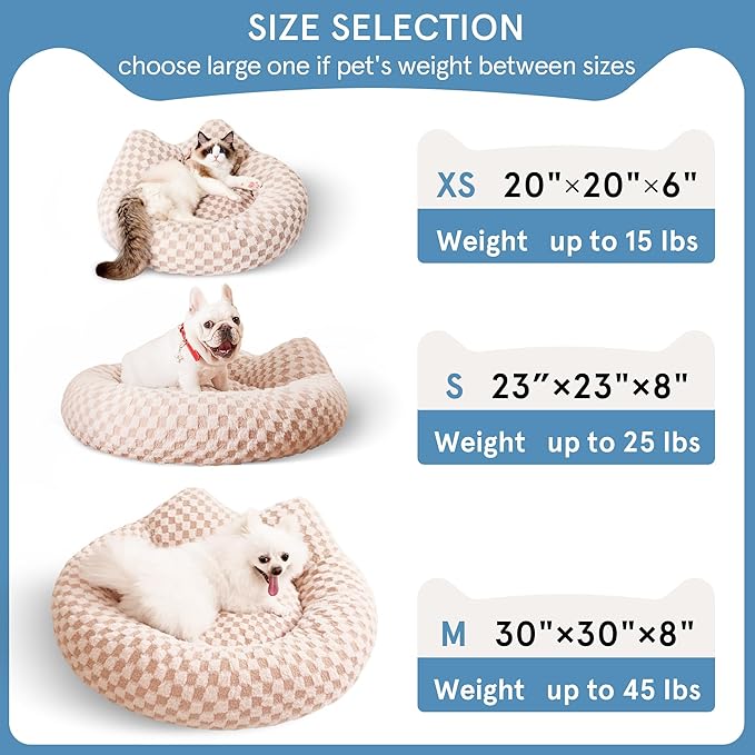 Round Dog Bed for Medium Dogs & Cats -Washable Dount Cute Cat Bed for Indoor Cats, Orthopedic Sherpa Fleece Soft Cozy Calming Pet Bed with Removable Zipper Cover (Khaki Check, (30x30x8inches))